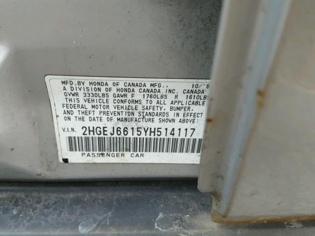 2HGEJ6615YH514117 - 2000 HONDA CIVIC BASE WHITE photo 10