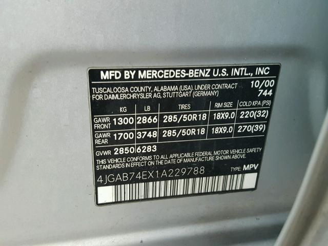 4JGAB74EX1A229788 - 2001 MERCEDES-BENZ ML 55 SILVER photo 10