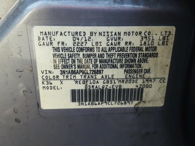 3N1AB6AP9CL726897 - 2012 NISSAN SENTRA 2.0 GRAY photo 10