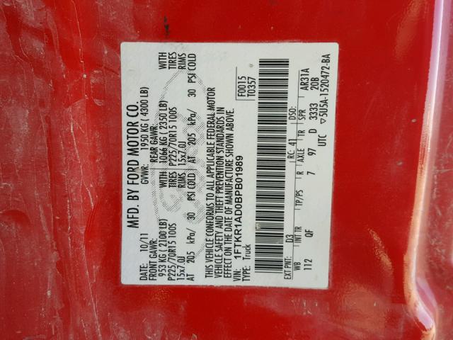 1FTKR1AD0BPB01989 - 2011 FORD RANGER RED photo 10