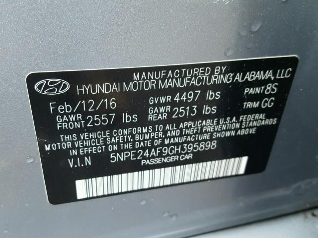 5NPE24AF9GH395898 - 2016 HYUNDAI SONATA SE GRAY photo 10