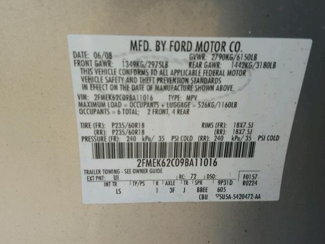 2FMEK62C09BA11016 - 2009 FORD FLEX SEL ვერცხლისფერი ფოტო 10