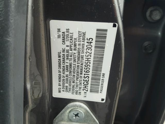 2HGES16595H523045 - 2005 HONDA CIVIC LX SILVER photo 10