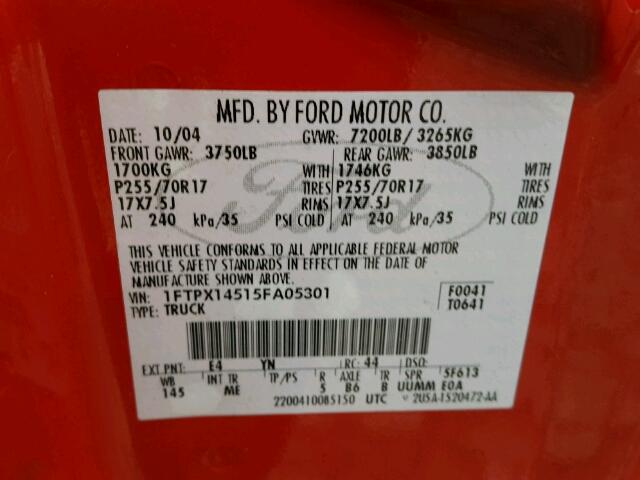 1FTPX14515FA05301 - 2005 FORD F150 RED photo 10