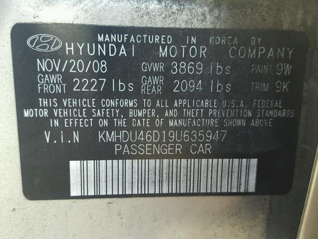 KMHDU46D19U635947 - 2009 HYUNDAI ELANTRA GL BEIGE photo 10