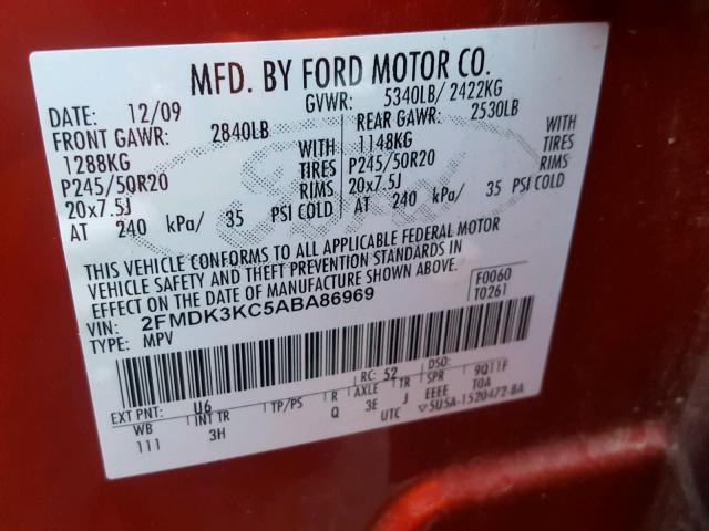 2FMDK3KC5ABA86969 - 2010 FORD EDGE LIMIT RED photo 10