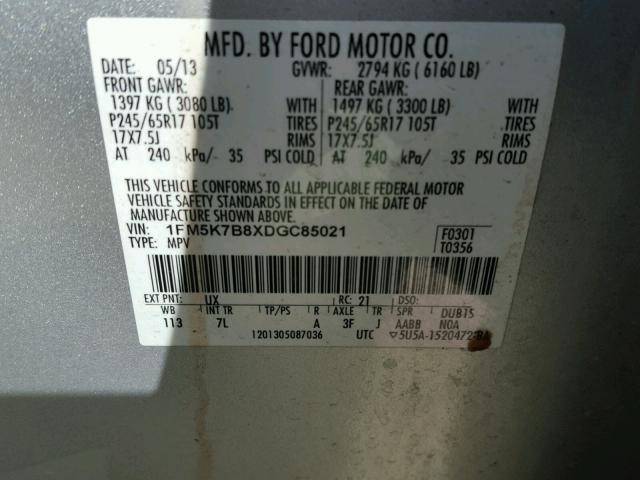 1FM5K7B8XDGC85021 - 2013 FORD EXPLORER SILVER photo 10