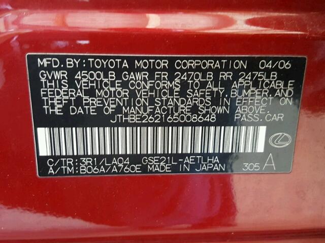 JTHBE262165008648 - 2006 LEXUS IS 350 RED photo 10