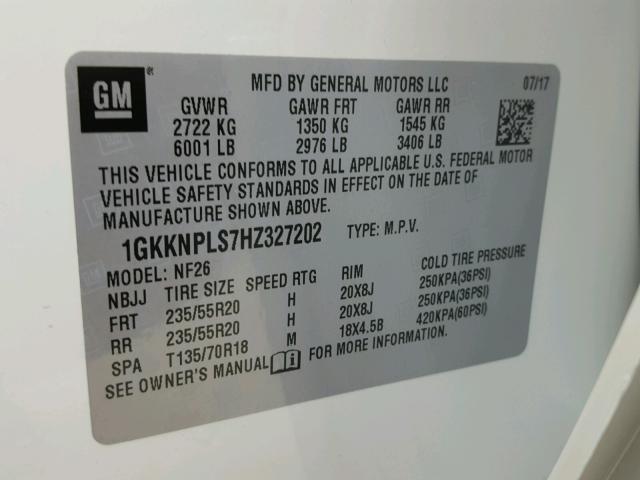 1GKKNPLS7HZ327202 - 2017 GMC ACADIA DEN WHITE photo 10