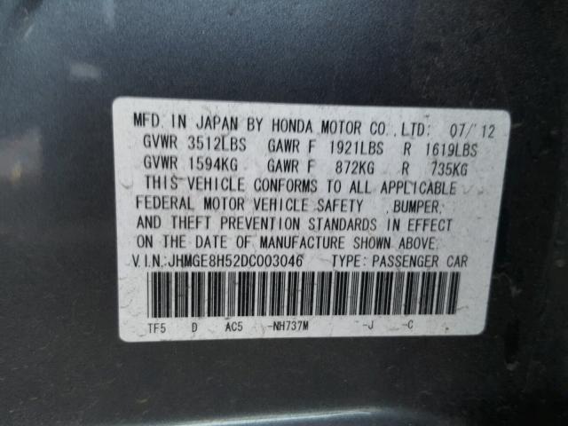 JHMGE8H52DC003046 - 2013 HONDA FIT SPORT BLUE photo 10