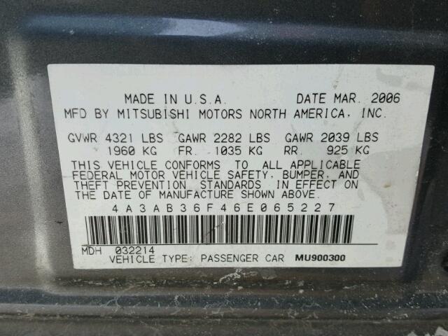 4A3AB36F46E065227 - 2006 MITSUBISHI GALANT ES GRAY photo 10