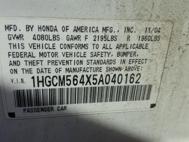 1HGCM564X5A040162 - 2005 HONDA ACCORD LX WHITE photo 10