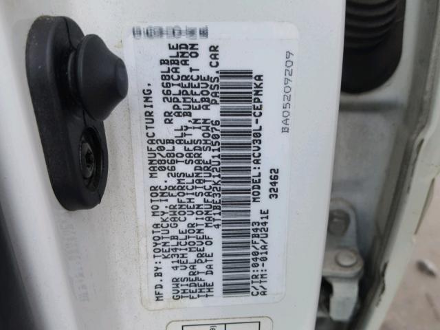 4T1BE32K12U115076 - 2002 TOYOTA CAMRY LE WHITE photo 10