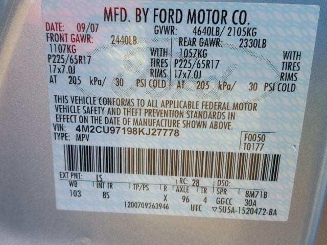 4M2CU97198KJ27778 - 2008 MERCURY MARINER PR BLUE photo 10