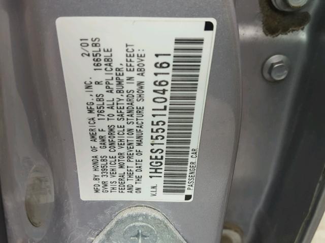 1HGES15551L046161 - 2001 HONDA CIVIC LX SILVER photo 10