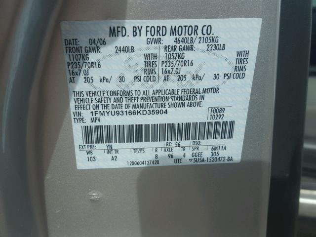 1FMYU93166KD35904 - 2006 FORD ESCAPE XLT SILVER photo 10