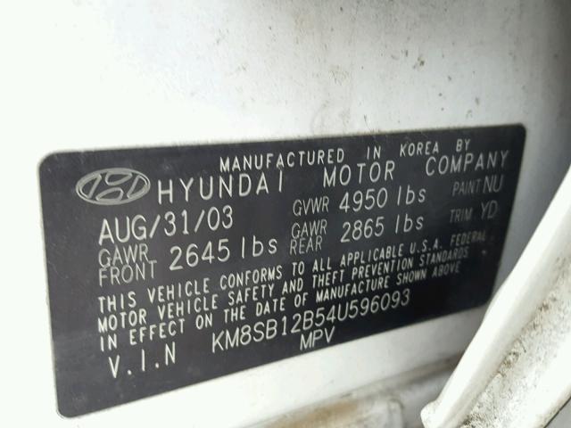 KM8SB12B54U596093 - 2004 HYUNDAI SANTA FE G WHITE photo 10