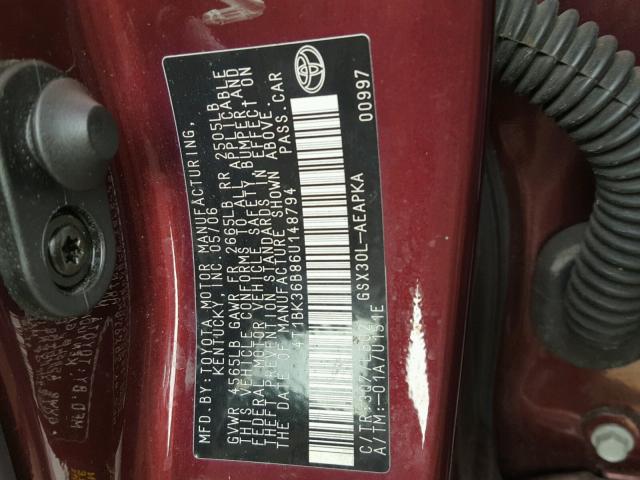 4T1BK36B86U148794 - 2006 TOYOTA AVALON XL MAROON photo 10