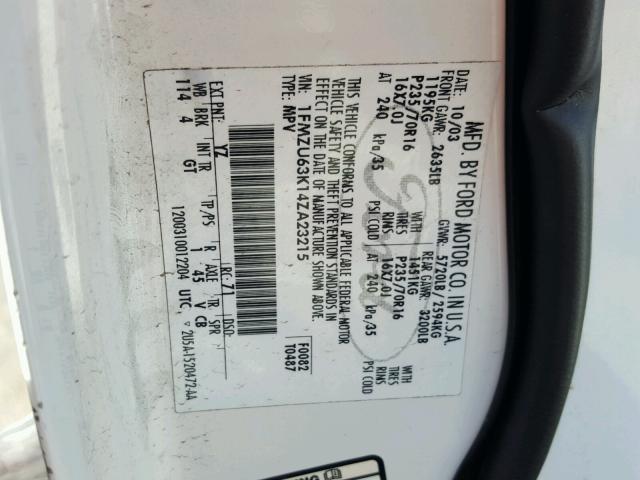 1FMZU63K14ZA23215 - 2004 FORD EXPLORER X WHITE photo 10