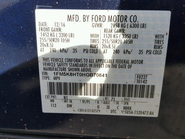 1FM5K8HT0HGB70841 - 2017 FORD EXPLORER P BLUE photo 10