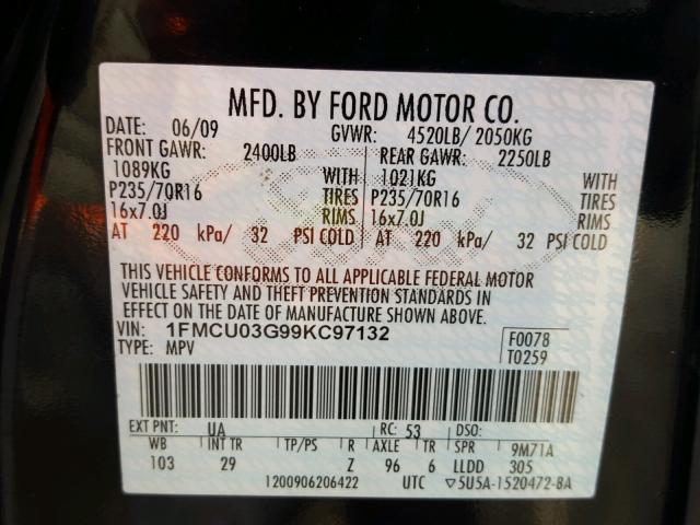 1FMCU03G99KC97132 - 2009 FORD ESCAPE XLT BLACK photo 10