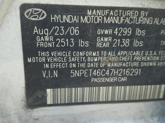 5NPET46C47H216291 - 2007 HYUNDAI SONATA GLS SILVER photo 10