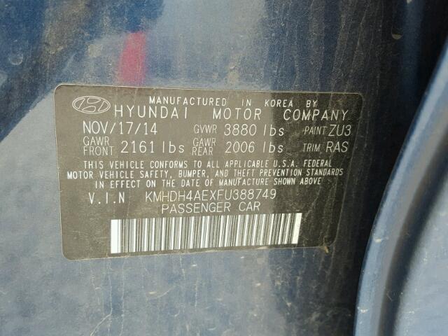 KMHDH4AEXFU388749 - 2015 HYUNDAI ELANTRA SE BLUE photo 10