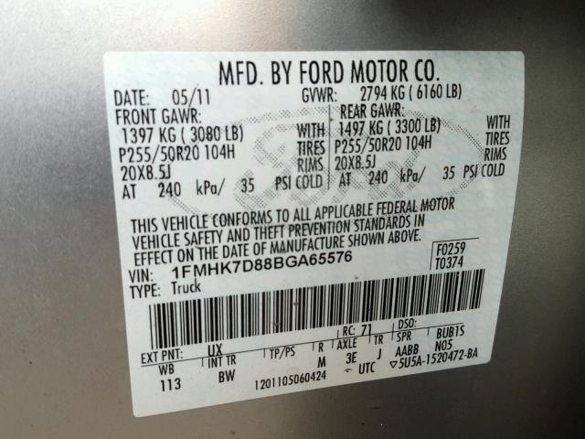 1FMHK7D88BGA65576 - 2011 FORD EXPLORER X SILVER photo 10