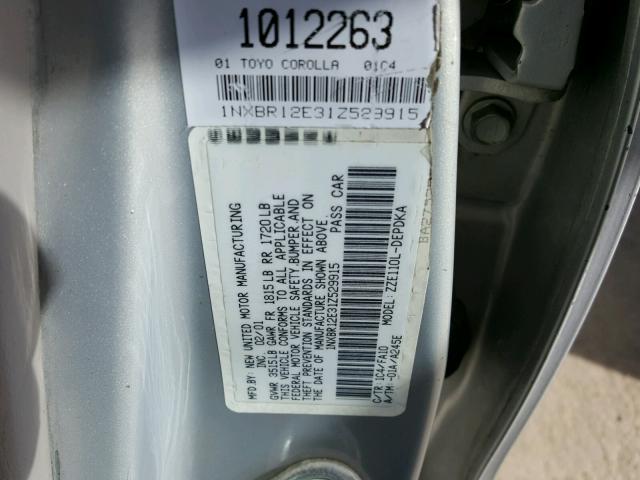 1NXBR12E31Z529915 - 2001 TOYOTA COROLLA CE SILVER photo 10