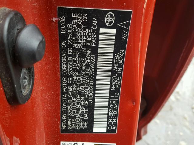 JTDKB20U777569320 - 2007 TOYOTA PRIUS RED photo 10