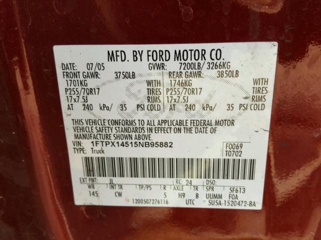 1FTPX14515NB95882 - 2005 FORD F150 MAROON photo 10