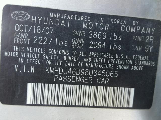 KMHDU46D98U345065 - 2008 HYUNDAI ELANTRA GL SILVER photo 10