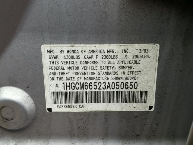 1HGCM66523A050650 - 2003 HONDA ACCORD EX SILVER photo 10