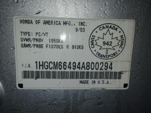 1HGCM66494A800294 - 2004 HONDA ACCORD EX SILVER photo 10