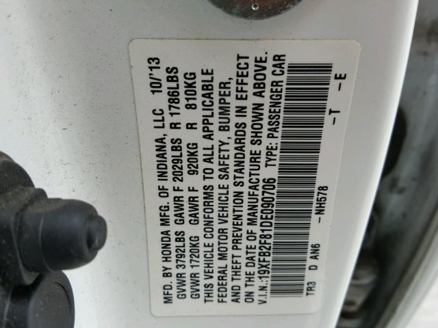 19XFB2F81DE090706 - 2013 HONDA CIVIC EX Սպիտակ լուսանկար 10