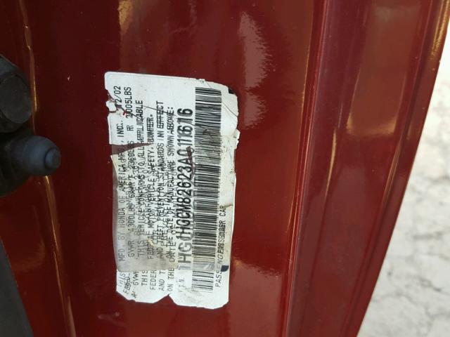 1HGCM82623A011616 - 2003 HONDA ACCORD EX RED photo 10