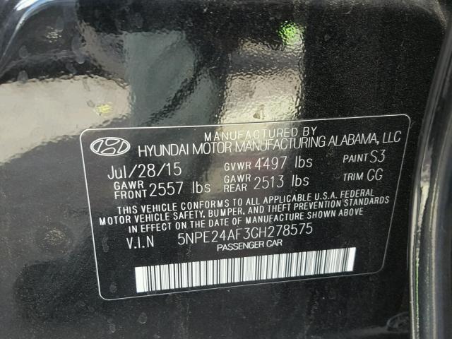 5NPE24AF3GH278575 - 2016 HYUNDAI SONATA SE BLACK photo 10