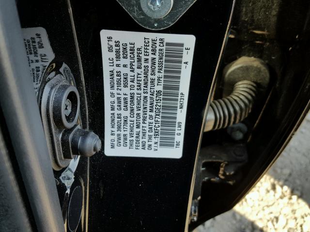 19XFC1F7XGE215706 - 2016 HONDA CIVIC EXL 黑色 照片 10