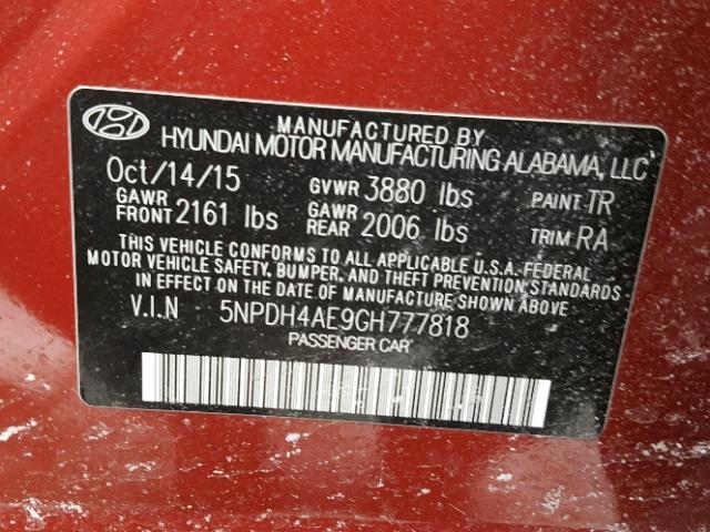 5NPDH4AE9GH777818 - 2016 HYUNDAI ELANTRA SE RED photo 10