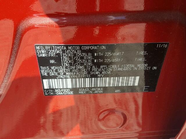 JTMZFREVXHJ119193 - 2017 TOYOTA RAV4 LE Qırmızı foto 10