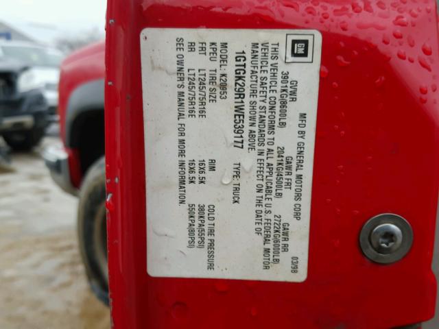 1GTGK29R1WE539177 - 1998 GMC SIERRA K25 RED photo 10