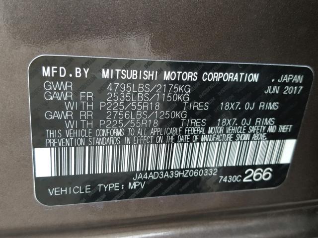 JA4AD3A39HZ060332 - 2017 MITSUBISHI OUTLANDER BROWN photo 10