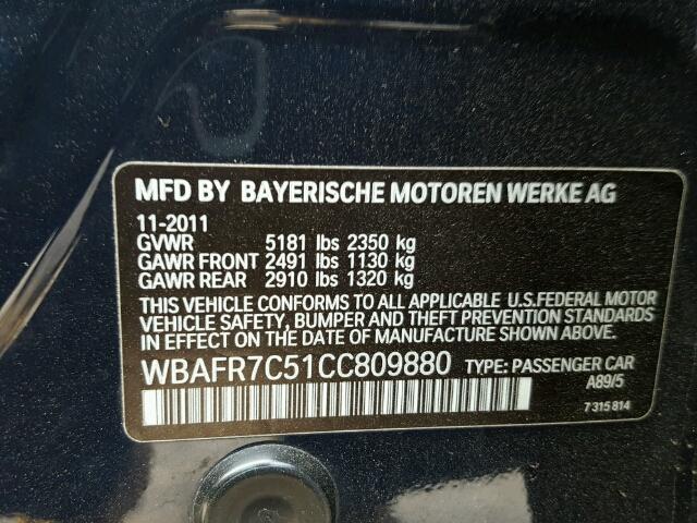 WBAFR7C51CC809880 - 2012 BMW 535 I BLUE photo 10