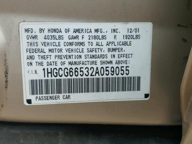 1HGCG66532A059055 - 2002 HONDA ACCORD LX GOLD photo 10