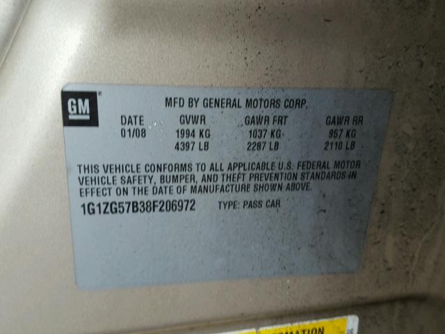 1G1ZG57B38F206972 - 2008 CHEVROLET MALIBU LS შავი ფოტო 10