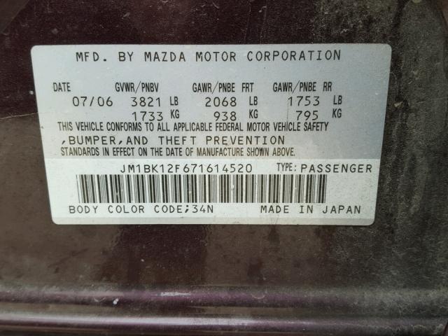 JM1BK12F671614520 - 2007 MAZDA 3 I PURPLE photo 10