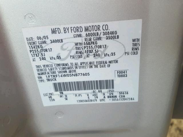 1FTRF14W05NB77605 - 2005 FORD F150 WHITE photo 10