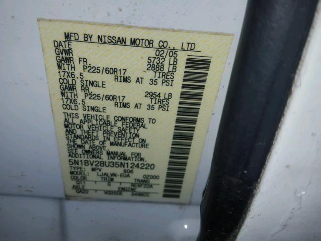 5N1BV28U35N124220 - 2005 NISSAN QUEST S WHITE photo 10