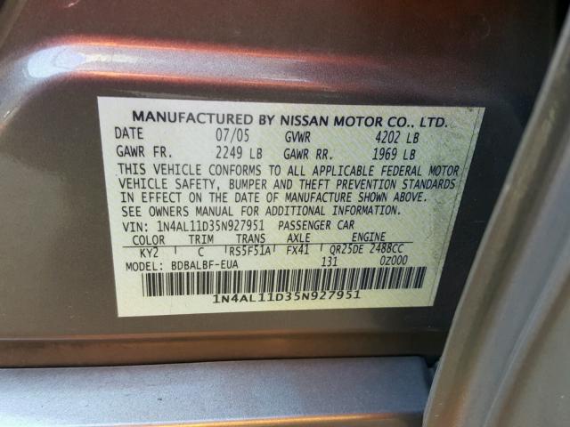 1N4AL11D35N927951 - 2005 NISSAN ALTIMA S BROWN photo 10