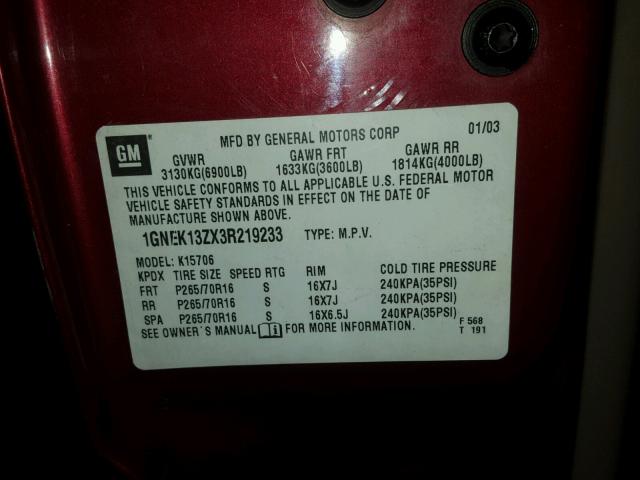 1GNEK13ZX3R219233 - 2003 CHEVROLET TAHOE K150 MAROON photo 10